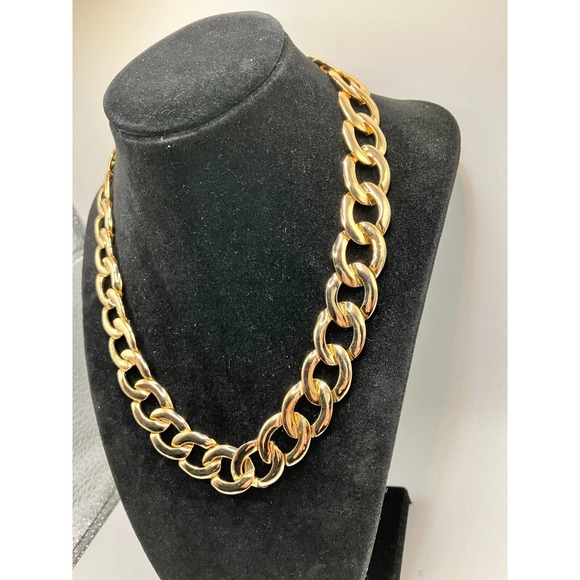 Necklace Vintage Cuban Link Metal Wide Winter Fall Bib Choker Gold-Tone 18" - Picture 3 of 7